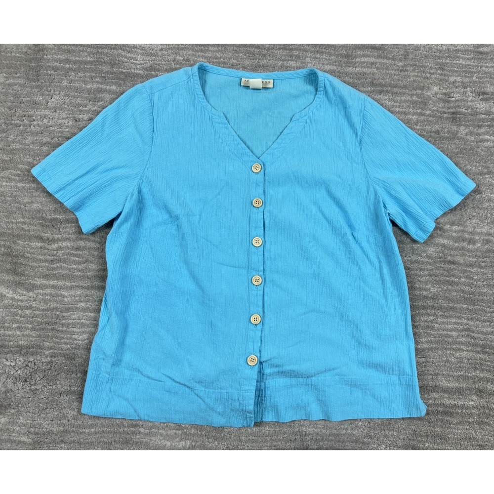 Appleseed's Blouse Womens PS Blue Short Sleeve Button Up Crinkle V-Neck Top